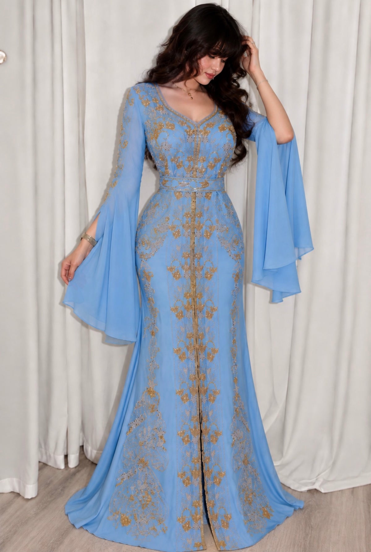 Baby Blue Embroidered 3-Piece Kaftan Dress Set