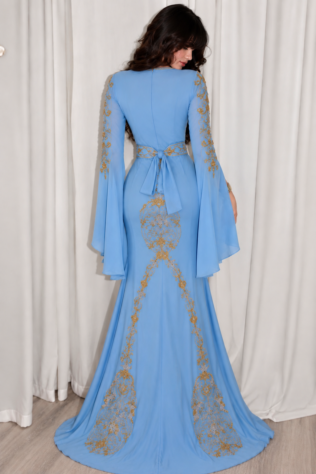 Baby Blue Embroidered 3-Piece Kaftan Dress Set