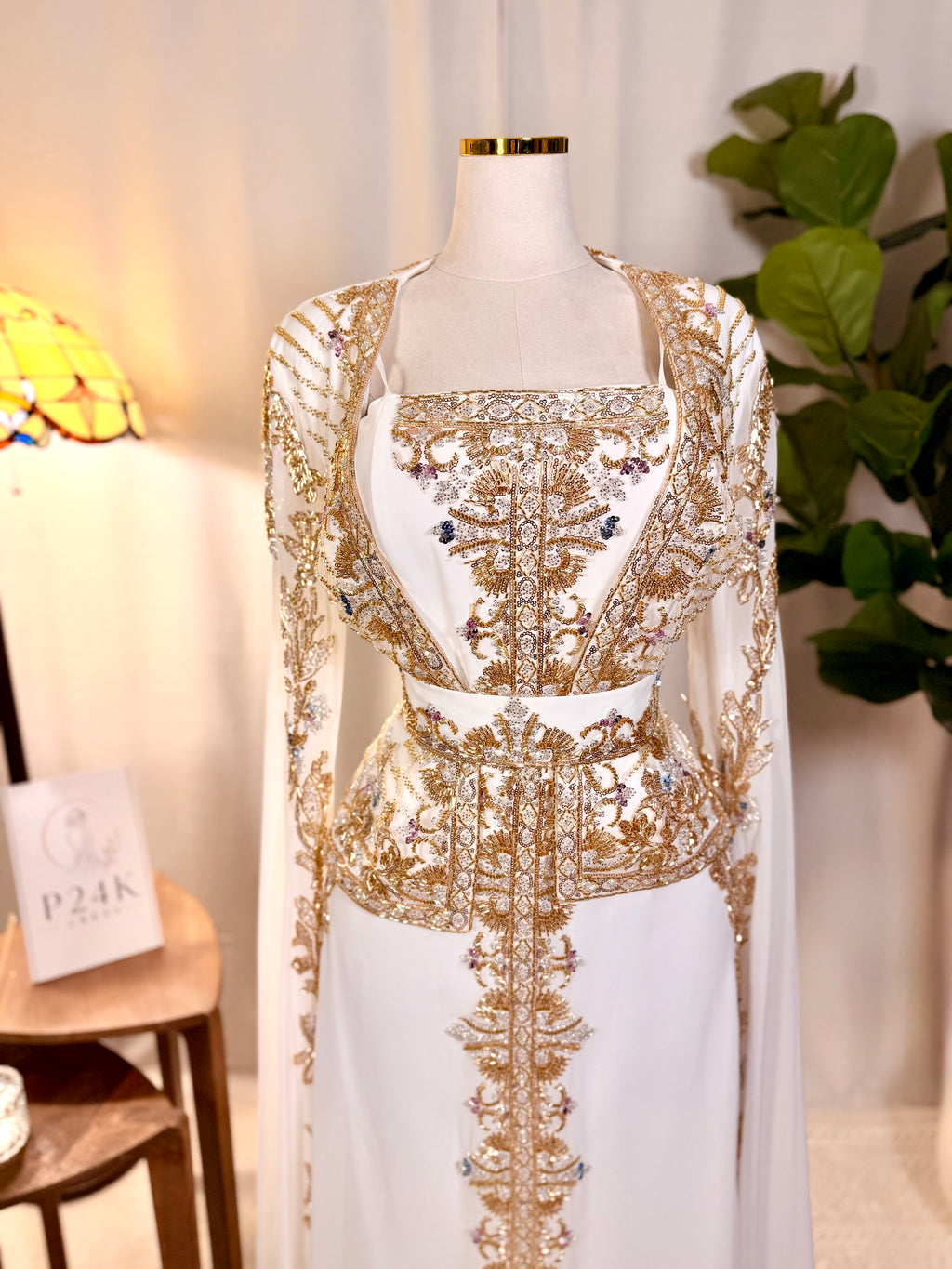 White & Gold Luxury Embroidered Moroccan Kaftan | Elegant Event Dress