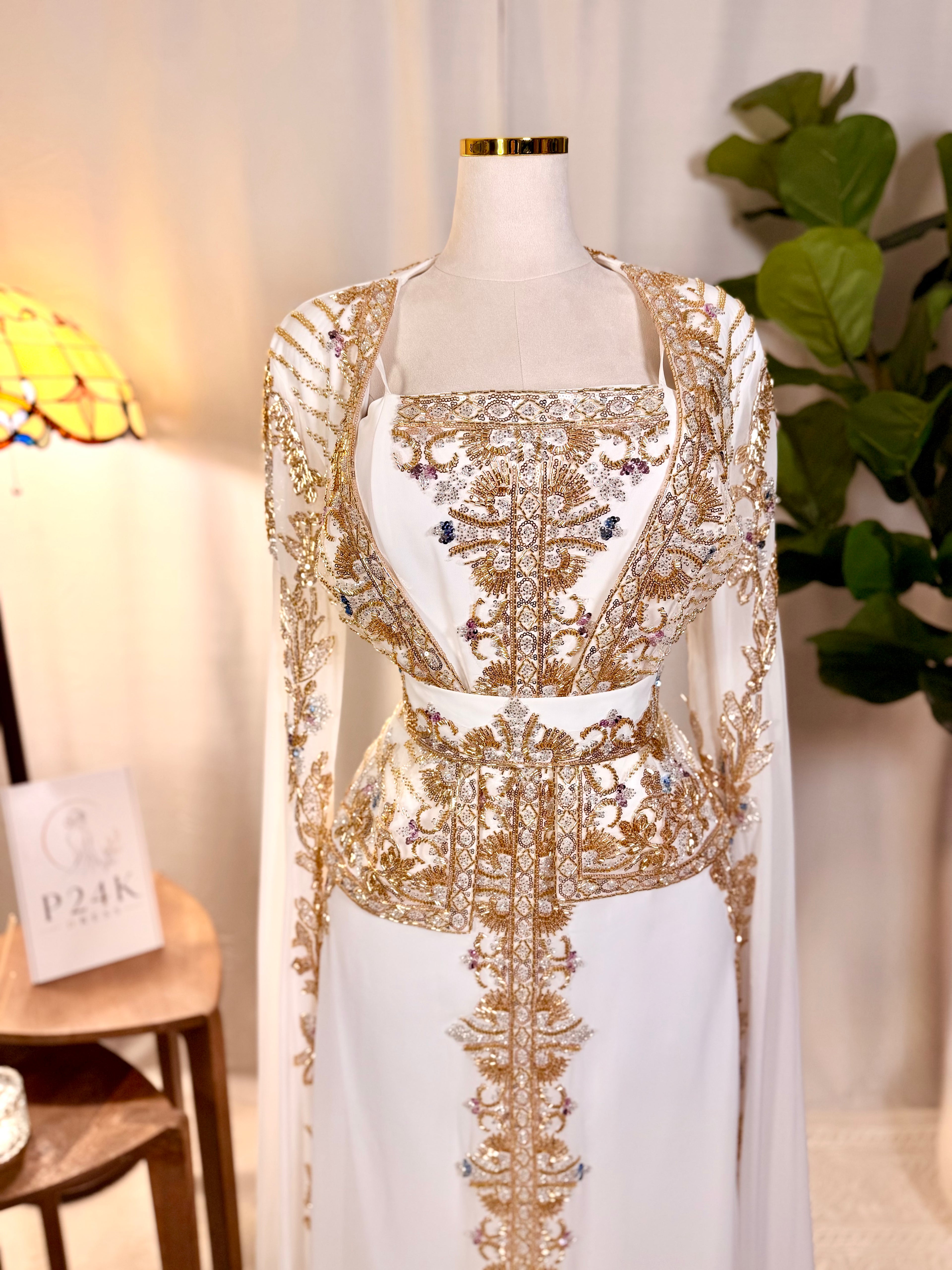 White & Gold Luxury Embroidered Moroccan Kaftan | Elegant Event Dress