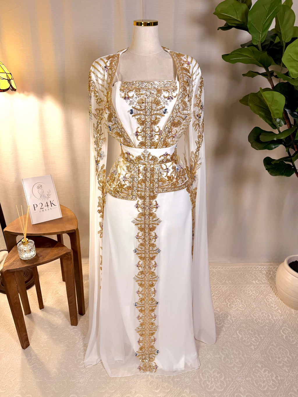 White & Gold Luxury Embroidered Moroccan Kaftan | Elegant Event Dress