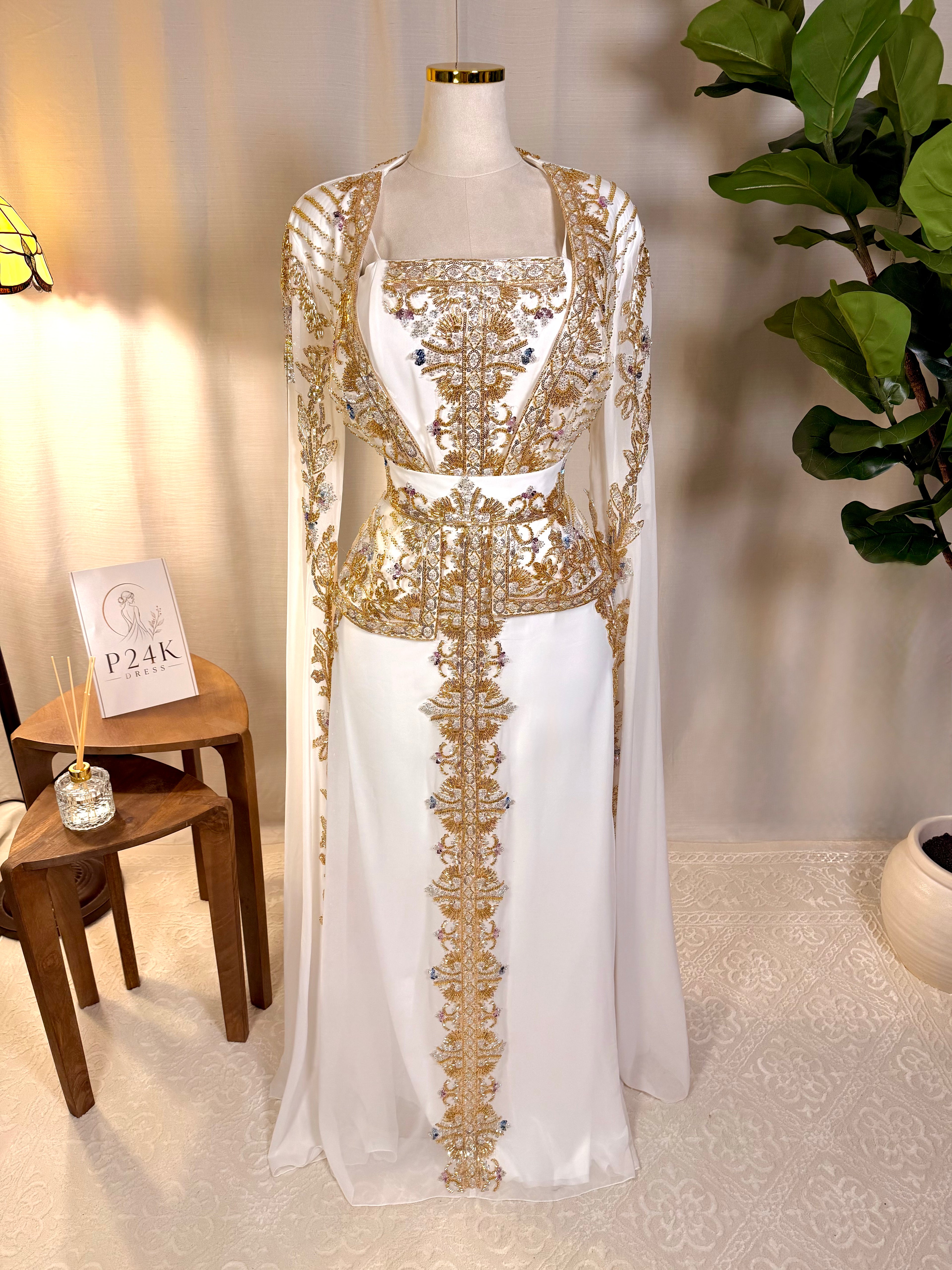 White & Gold Luxury Embroidered Moroccan Kaftan | Elegant Event Dress