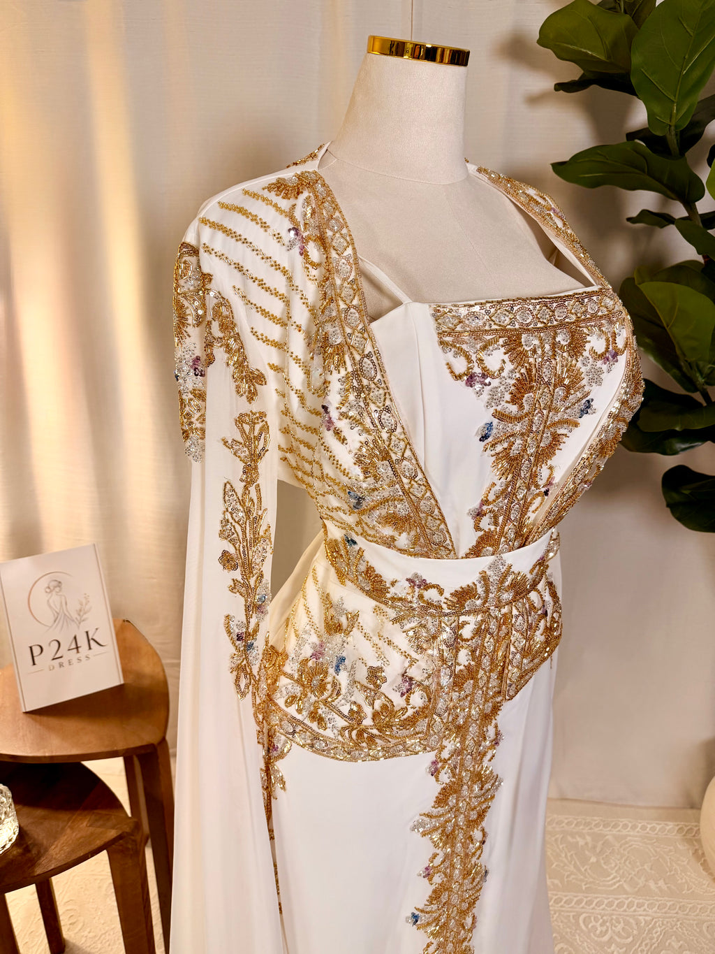 White & Gold Luxury Embroidered Moroccan Kaftan | Elegant Event Dress