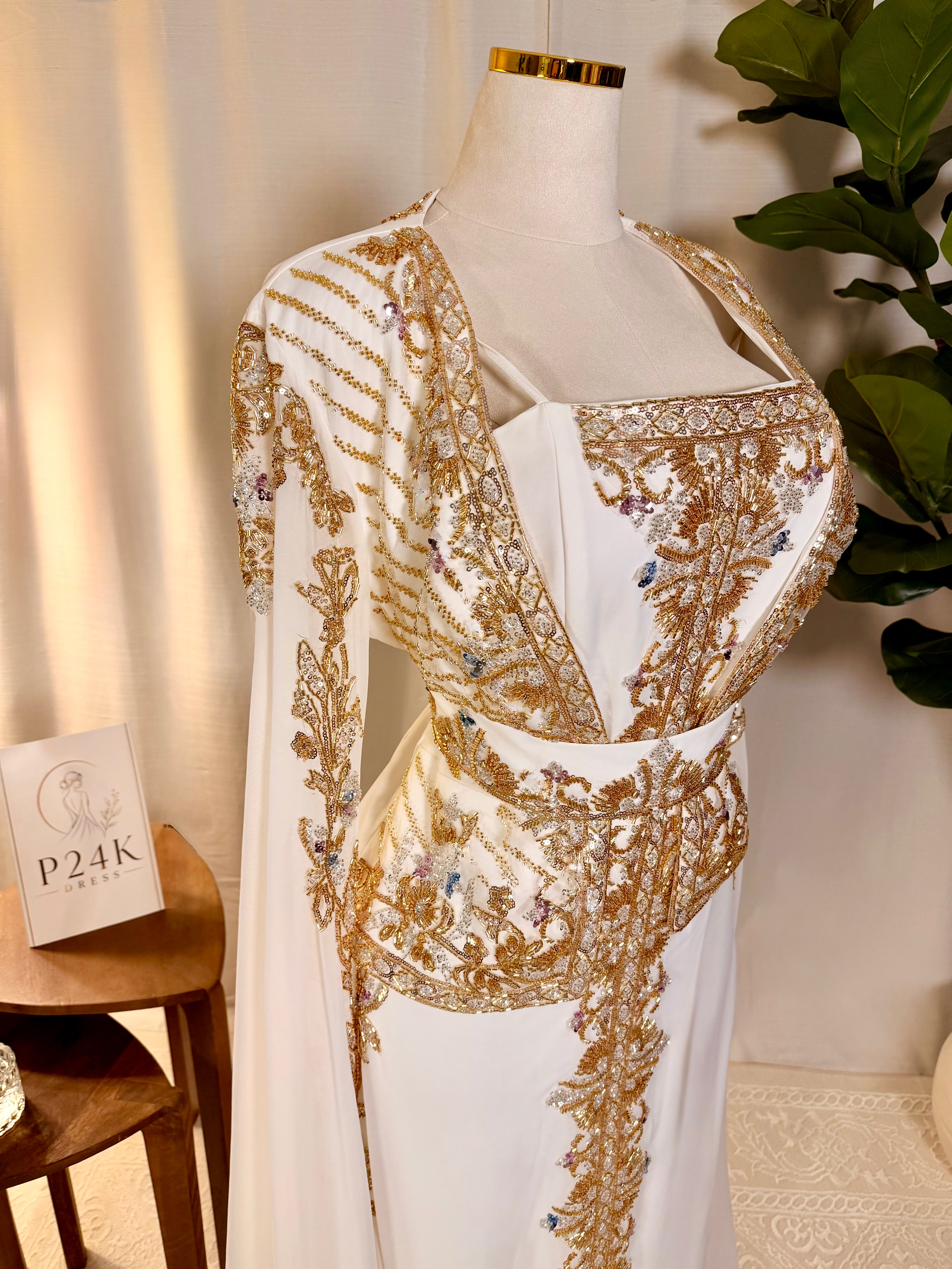 White & Gold Luxury Embroidered Moroccan Kaftan | Elegant Event Dress