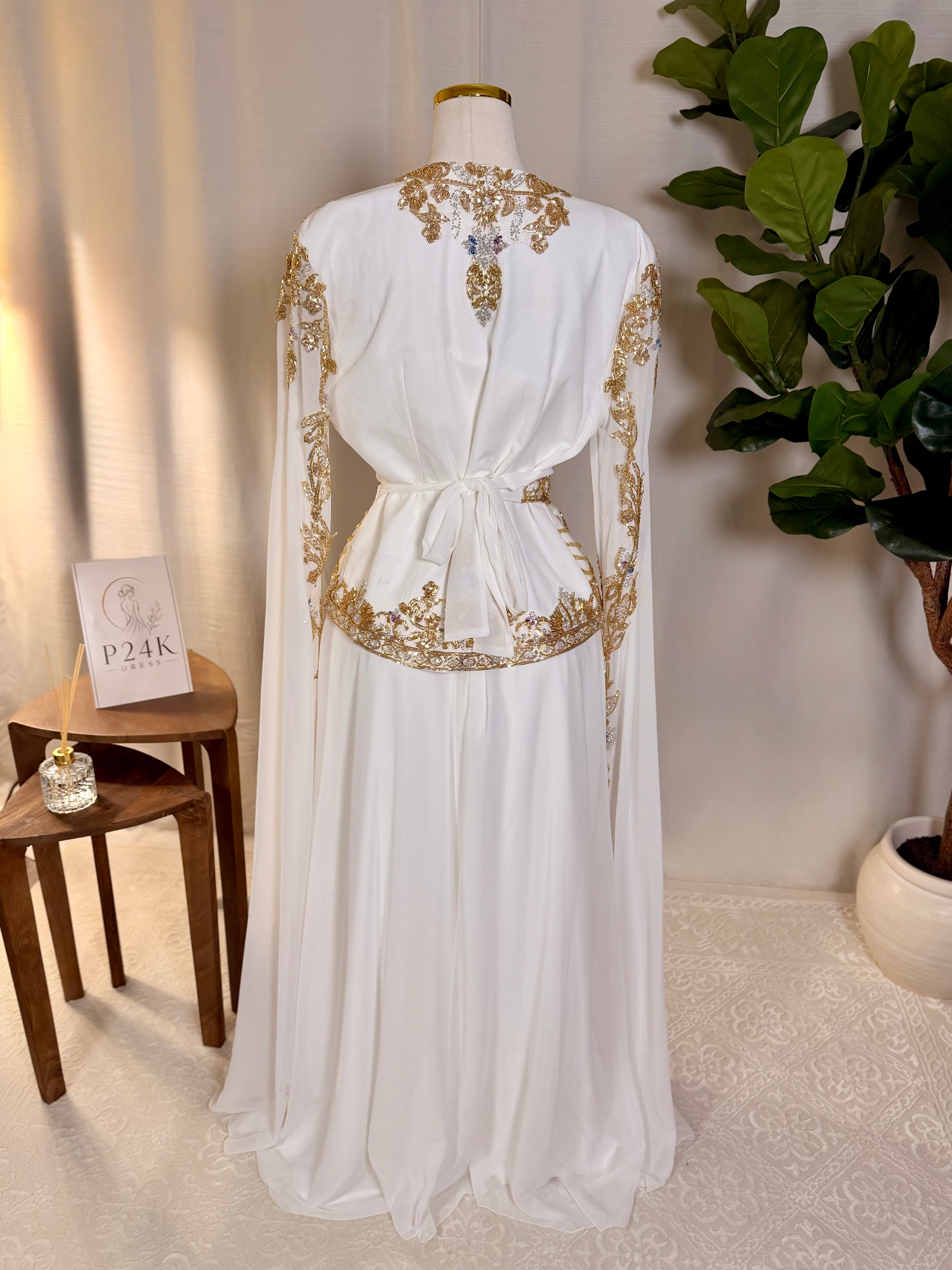 White & Gold Luxury Embroidered Moroccan Kaftan | Elegant Event Dress
