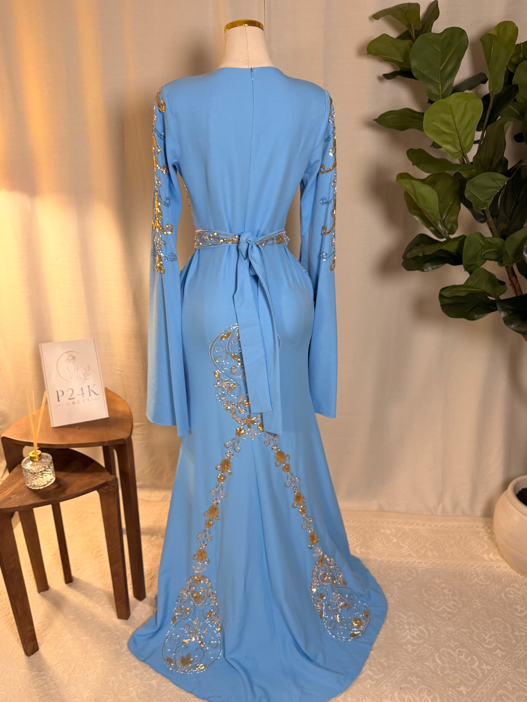 Baby Blue Embroidered 3-Piece Kaftan Dress Set