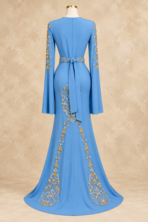 Baby Blue Embroidered 3-Piece Kaftan Dress Set