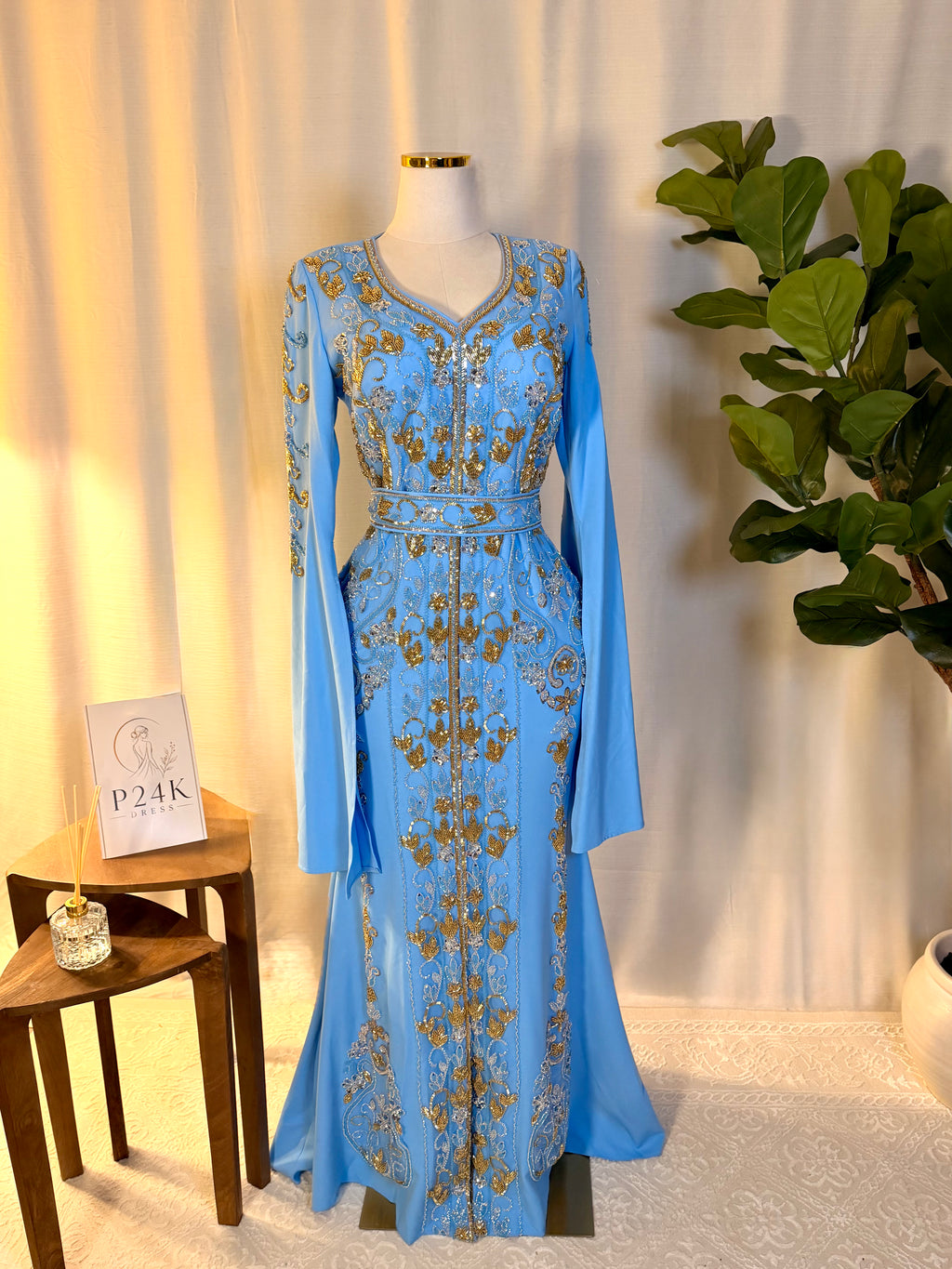 Baby Blue Embroidered 3-Piece Kaftan Dress Set