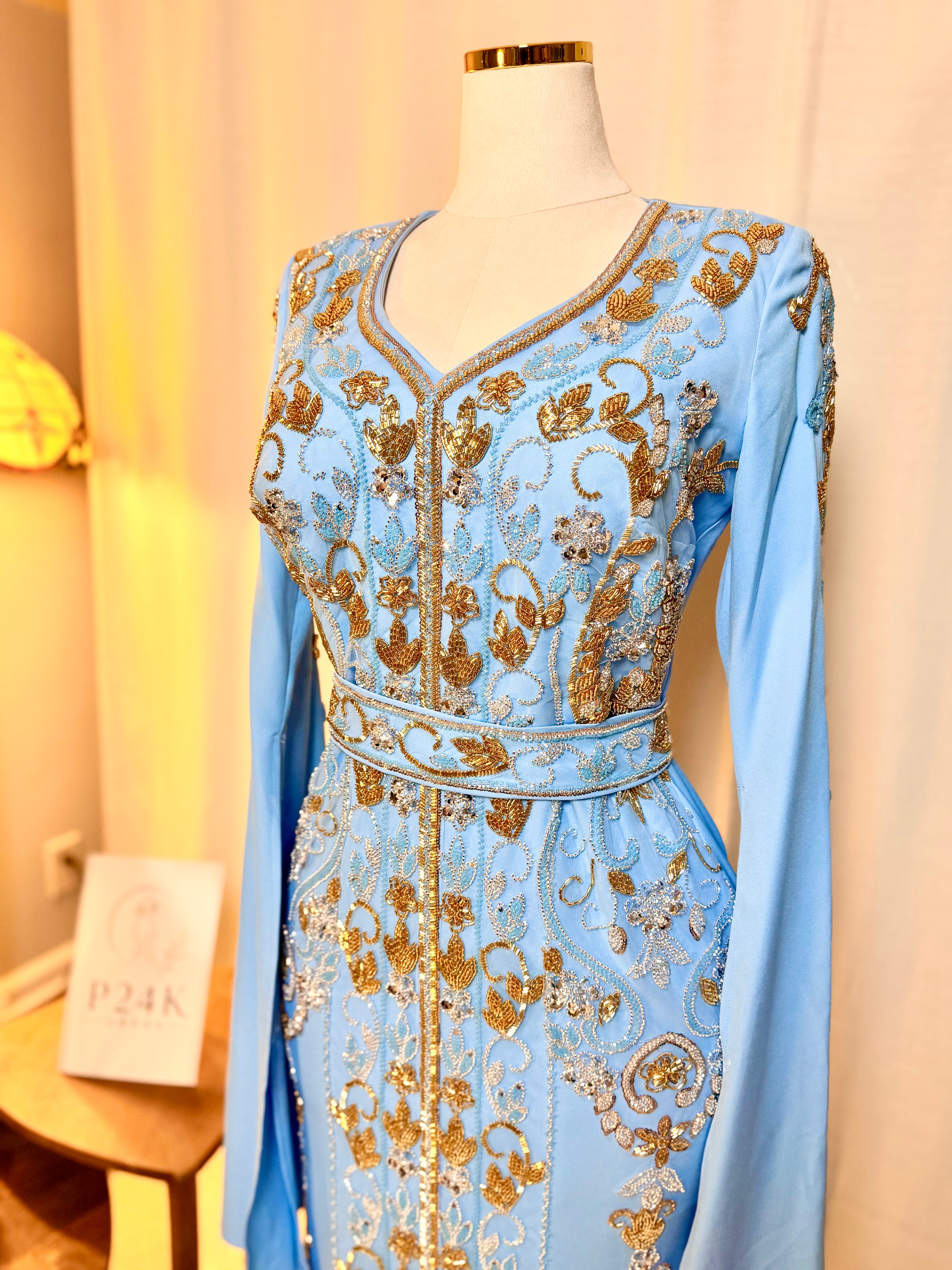 Baby Blue Embroidered 3-Piece Kaftan Dress Set