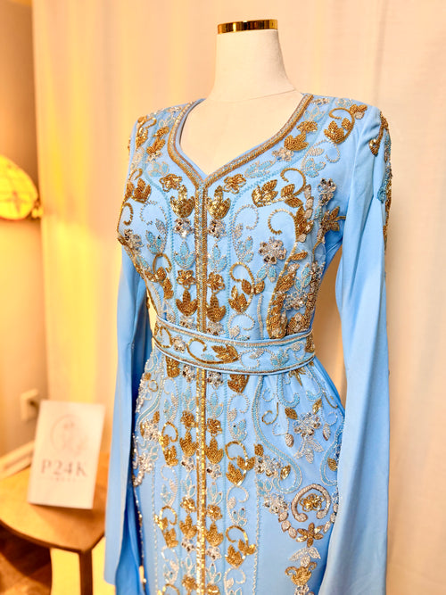 Baby Blue Embroidered 3-Piece Kaftan Dress Set