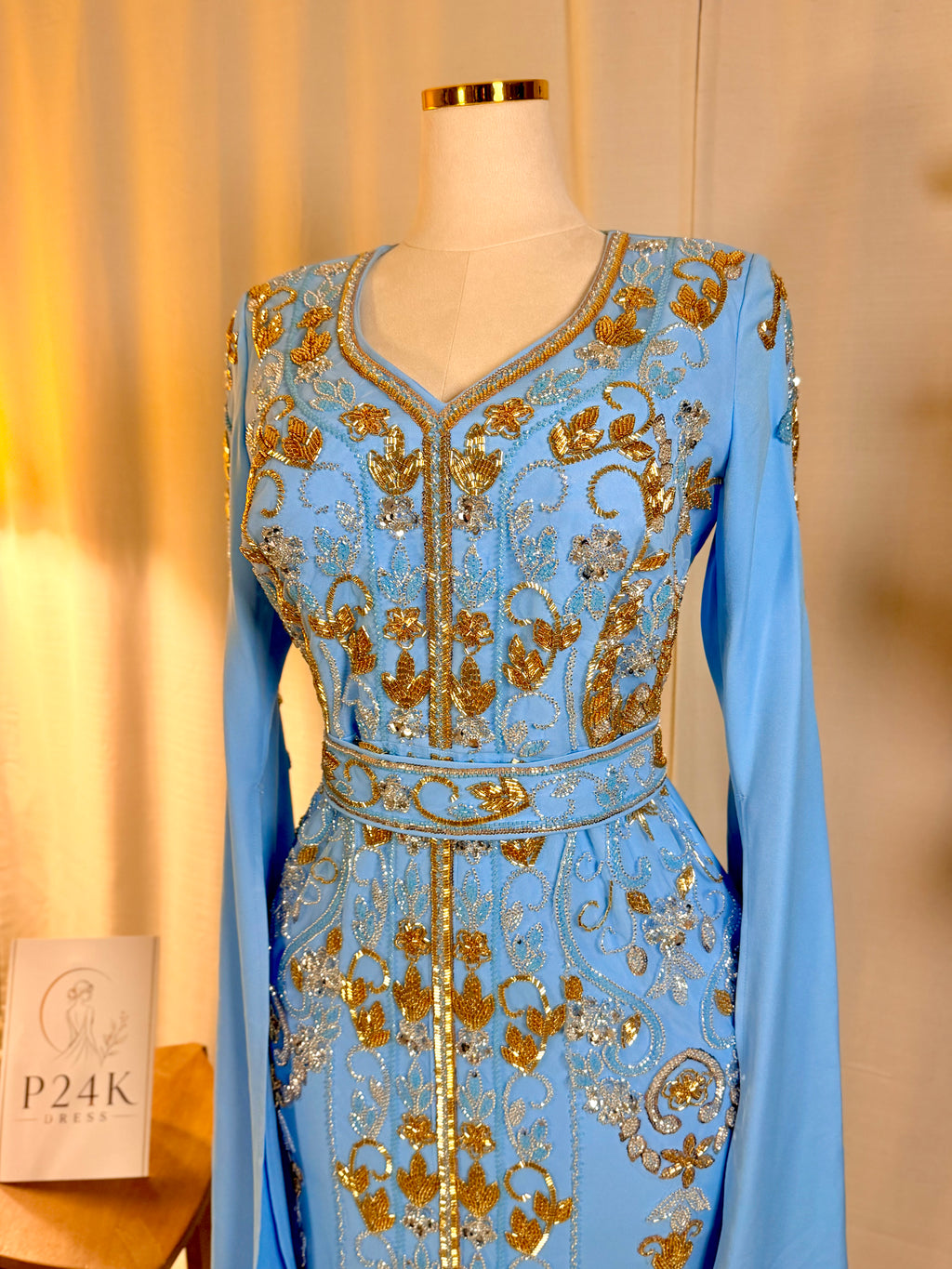 Baby Blue Embroidered 3-Piece Kaftan Dress Set