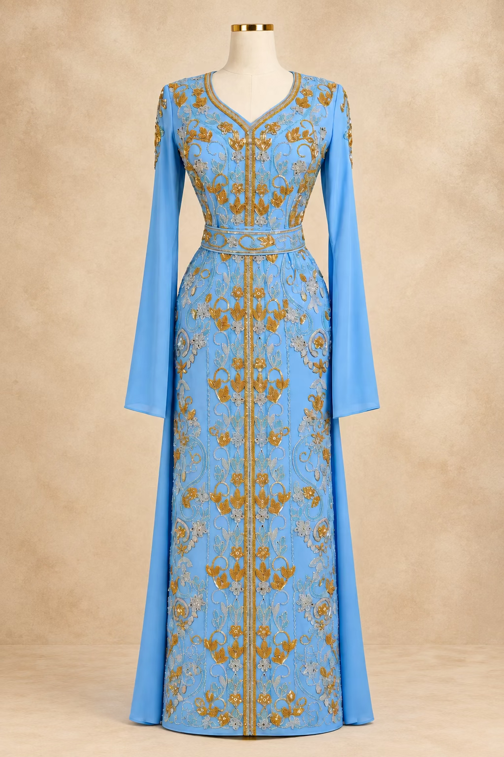 Baby Blue Embroidered 3-Piece Kaftan Dress Set