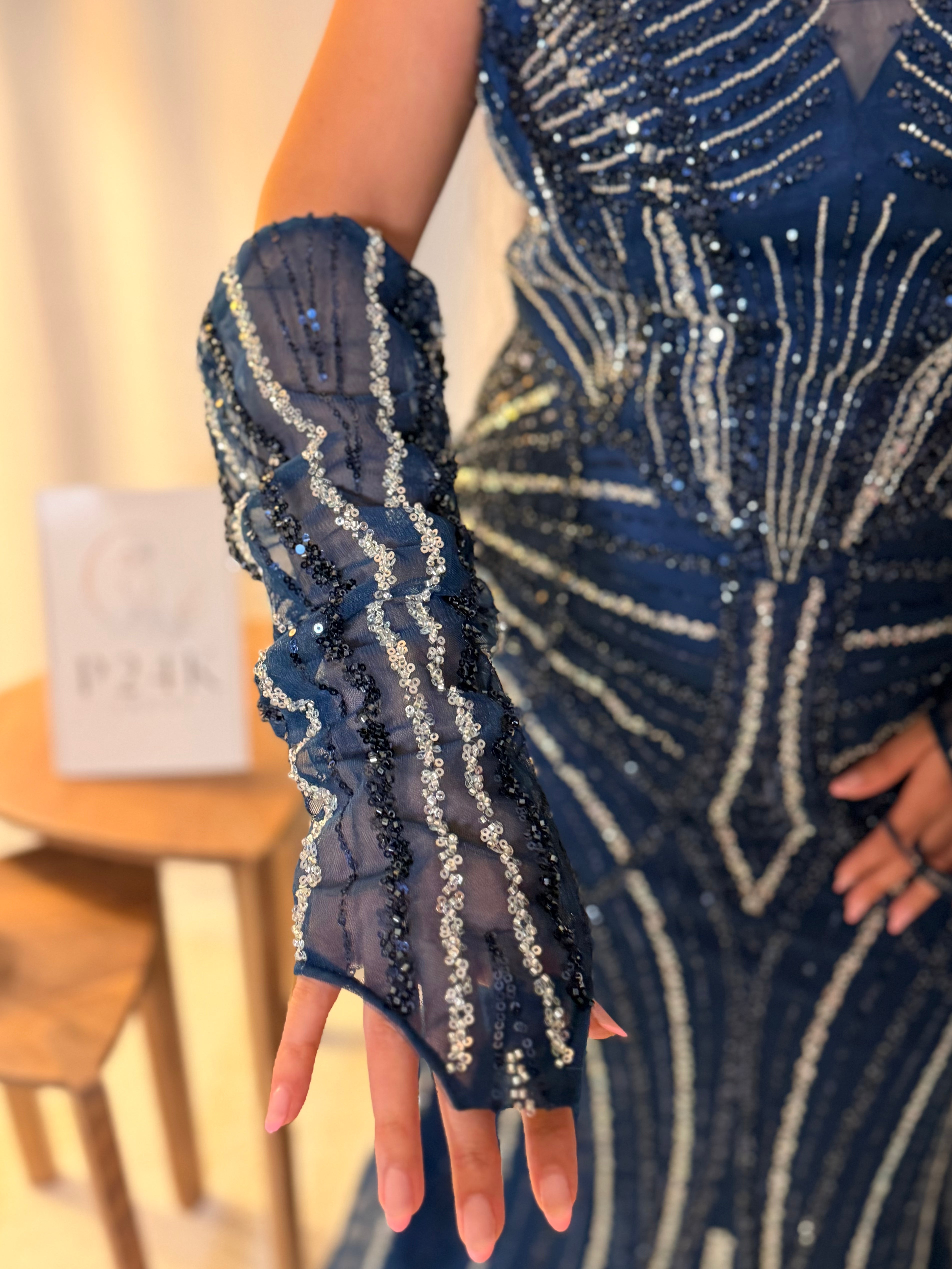 Royal Navy Blue High-Neck Embellished Formal Gown with Matching Sleeves