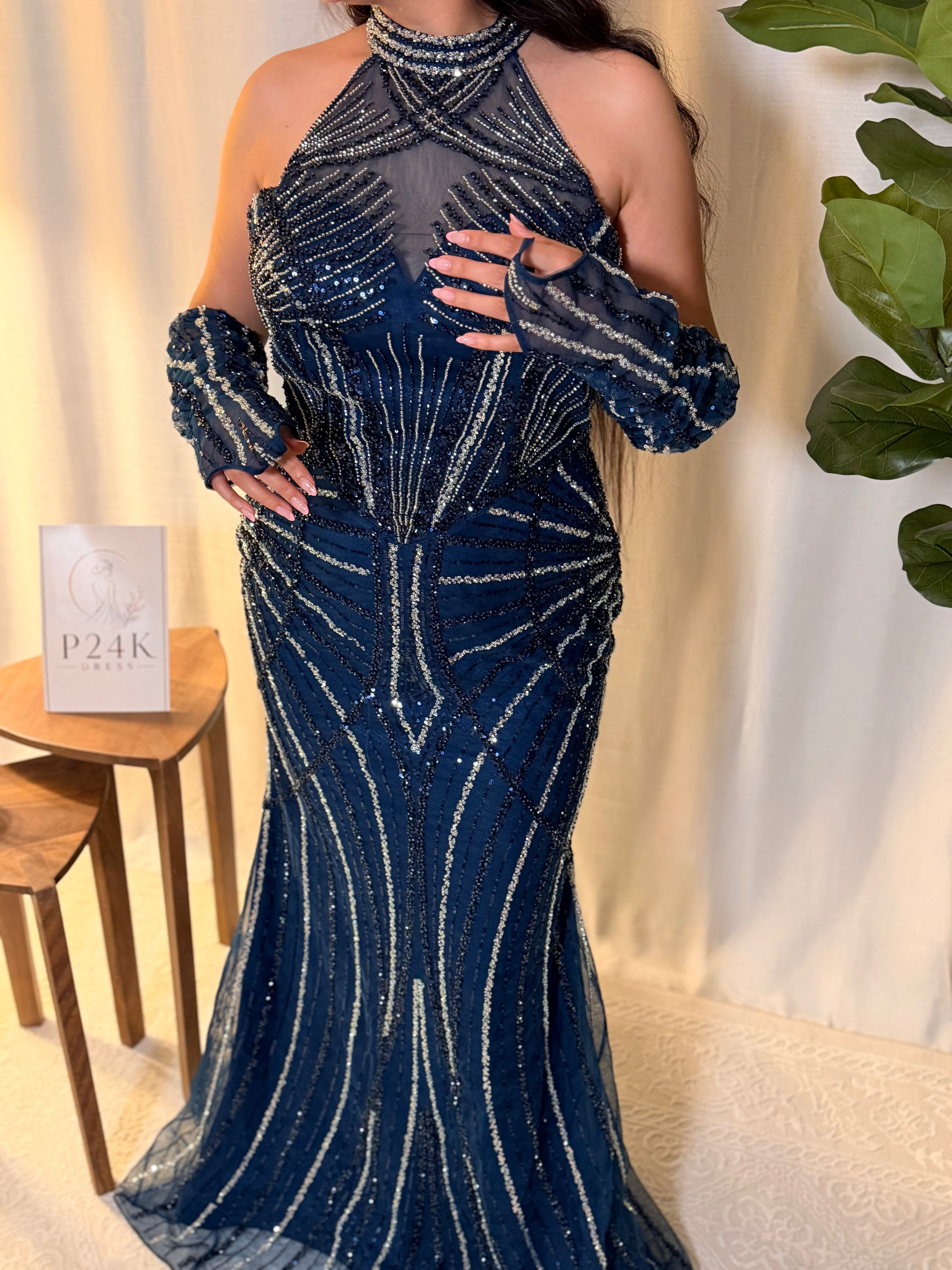 Royal Navy Blue High-Neck Embellished Formal Gown with Matching Sleeves