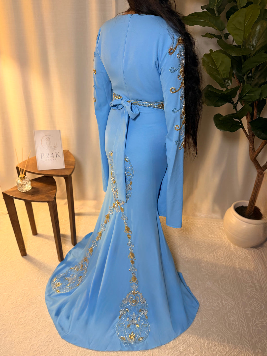 Baby Blue Embroidered 3-Piece Kaftan Dress Set