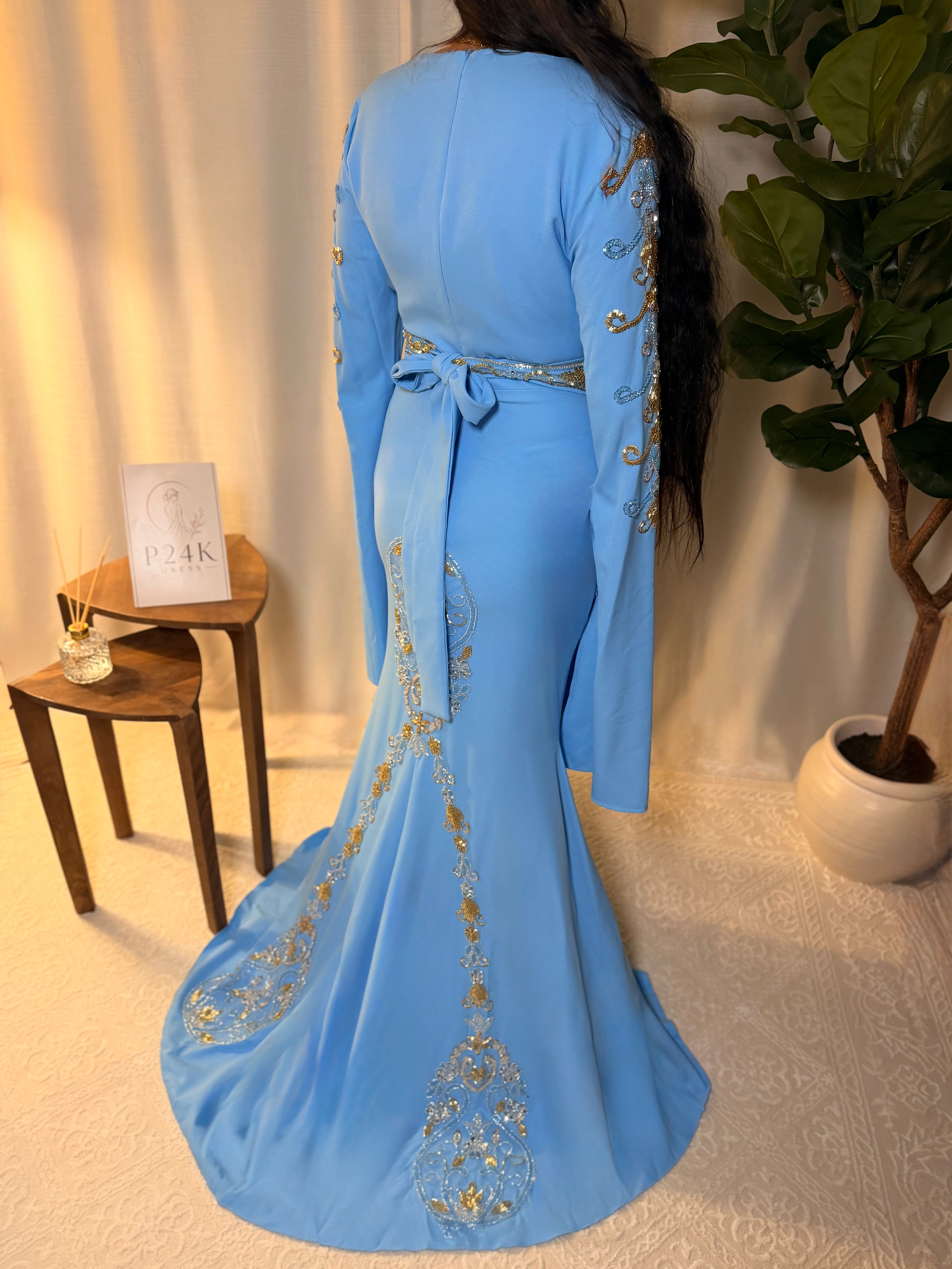 Baby Blue Embroidered 3-Piece Kaftan Dress Set