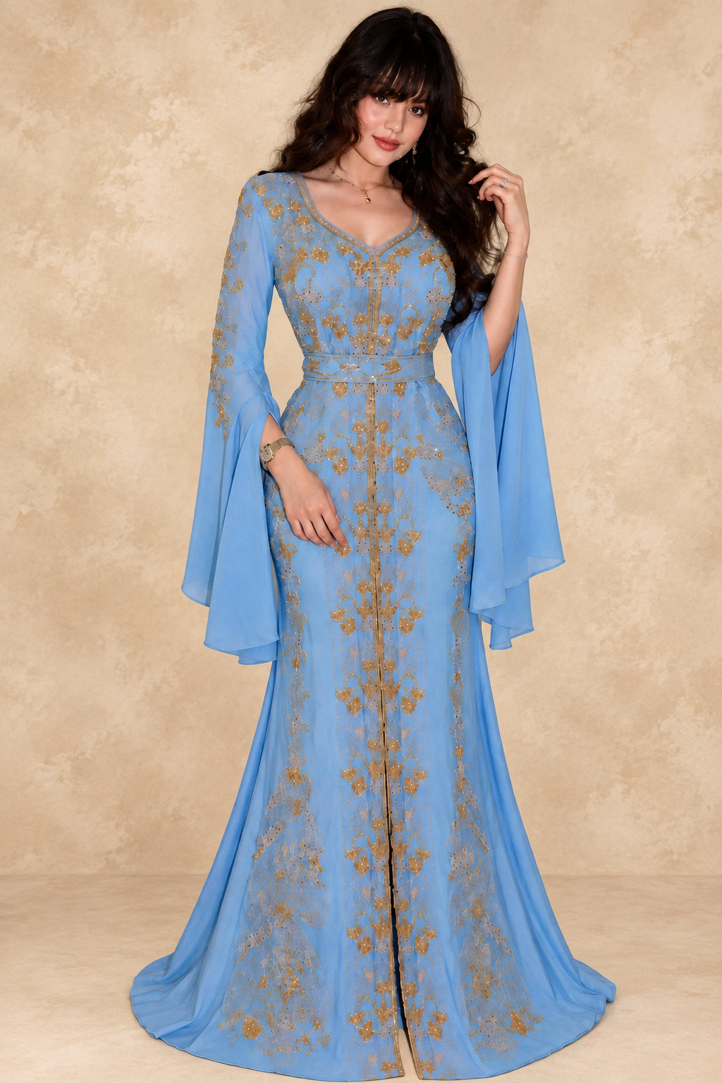 Baby Blue Embroidered 3-Piece Kaftan Dress Set